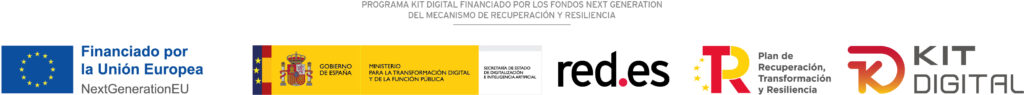 Programa Kit Digital financiado por los fondos Next Generation del mecanismo de recuperación y resiliencia. Logos de la Unión Europea, Gobierno de España, red.es, Plan de Recuperación y Kit Digital.
